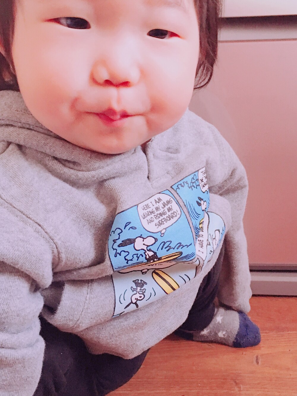 「B:MING by BEAMSのビーミング by ビームス / Peanuts サーフプリント パーカ 18SS（パーカー、グレー系）」を使った、♡SAKIさん（キッズ・70cm）の春コーディネートの1枚目の写真