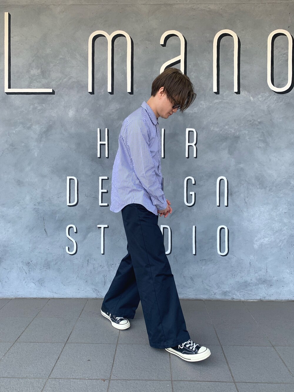 「春」｜「GOOD DESIGN SHOP COMME des GARCONSのアイテム（シャツ/ブラウス、ブルー系）」を使った、Lmanoさん（メンズ・166cm）の春コーディネートの1枚目の写真