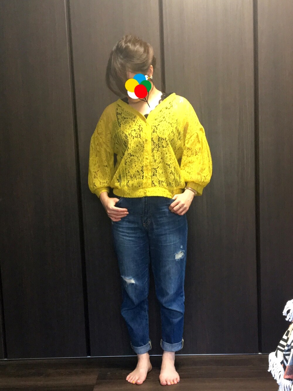 「ぽっちゃり、かき氷」｜「UNRELISHの2WAYレースカーディガン（シャツ/ブラウス、イエロー系）」を使った、千日紅さん（レディース・156cm）の夏コーディネートの1枚目の写真
