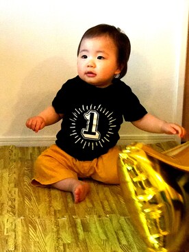 「BABOBOYのアイテム（Tシャツ/カットソー、ブラック系）」を使った、そーたん⌄̈⃝さん（キッズ）の夏コーディネート