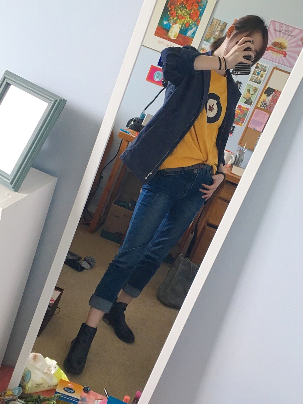 「春コーデ、夏コーデ、ボイフレンドルック、日常、spring、summer、boyfriend look、boyfriend style、ootd」｜「cache cacheのアイテム（デニムパンツ、ブルー系）」を使った、Rubyさん（レディース・153cm）の春コーディネートの1枚目の写真