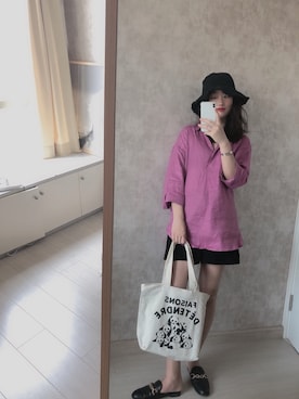 「日系极简」｜「アイテム（スリッポン）」を使った、春日弥生さん（レディース・168cm）の夏コーディネート