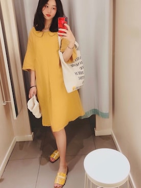 「日系极简」｜「アイテム（シャツワンピース）」を使った、春日弥生さん（レディース・167cm）の夏コーディネート
