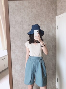 「盐系风格」｜「アイテム（帽子）」を使った、春日弥生さん（レディース・168cm）の夏コーディネート