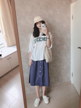 「休闲」｜「アイテム（スリッポン）」を使った、春日弥生さん（レディース・167cm）の夏コーディネート