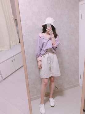 「通勤穿搭」｜「アイテム（カーゴパンツ）」を使った、春日弥生さん（レディース・167cm）の夏コーディネート