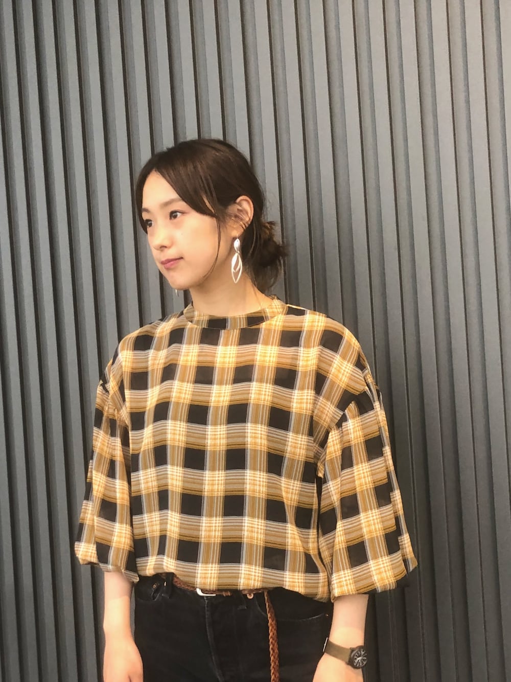 「オトナカジュアル、きれいめカジュアル、チェック、ブラウス、ciaopanic」｜「CIAOPANICのバルーンスリーブチェックブラウス（シャツ/ブラウス、イエロー系）」を使った、msdaskさん（レディース・155cm）の夏コーディネートの1枚目の写真