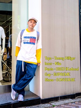 「TOMMY HILFIGER（トミーヒルフィガー）のアイテム（Tシャツ/カットソー）」を使った、ICCHOさん（メンズ・170cm）の春コーディネート