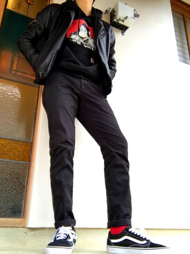 「Right-on（ライトオン）のアイテム（ライダースジャケット）」を使った、KOJIさん（メンズ・176cm）の冬コーディネート