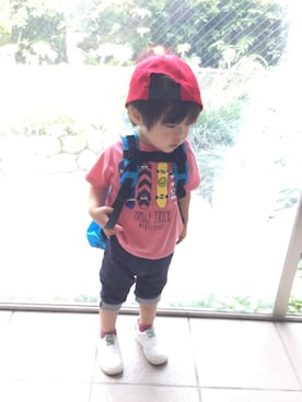 「アイテム（バックパック/リュック、ブルー系）」を使った、aoiharuさん（キッズ・80cm）の夏コーディネート
