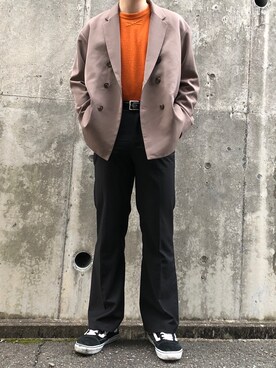 「CASPER JOHN（キャスパージョン）のCasper John フレアスラックス（スラックス、ブラック系）」を使った、SHIRABEさん（メンズ・175cm）の冬コーディネート