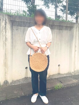 「楽天のアイテム（かごバッグ、ベージュ系）」を使った、hikariさん（レディース）の夏コーディネート