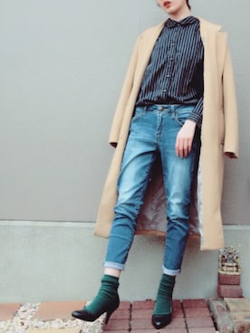 「NICE CLAUP（ナイスクラップ）のアイテム（チェスターコート）」を使った、INAHO🌾さん（レディース・160cm）の冬コーディネート