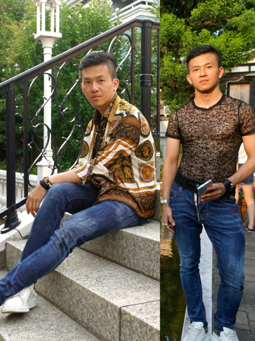 「自由が丘」｜「VERSACEのアイテム（Tシャツ/カットソー、ブラック系）」を使った、seanleeleeさん（メンズ・173cm）の春コーディネートの1枚目の写真