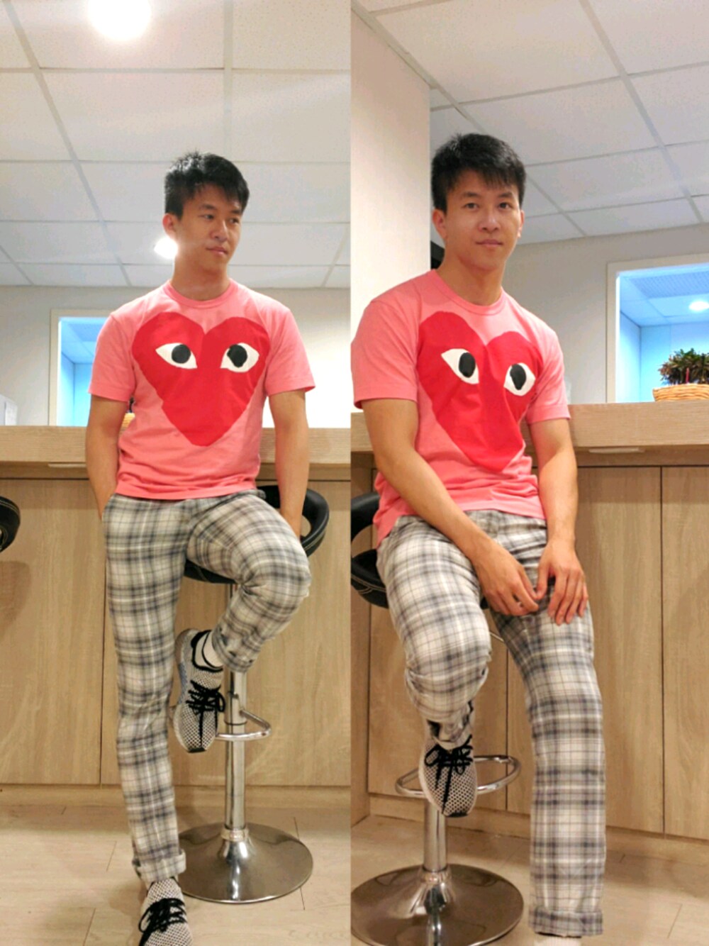 「PLAY COMME des GARCONSのアイテム（Tシャツ/カットソー、ピンク系）」を使った、seanleeleeさん（メンズ・173cm）の春コーディネートの1枚目の写真