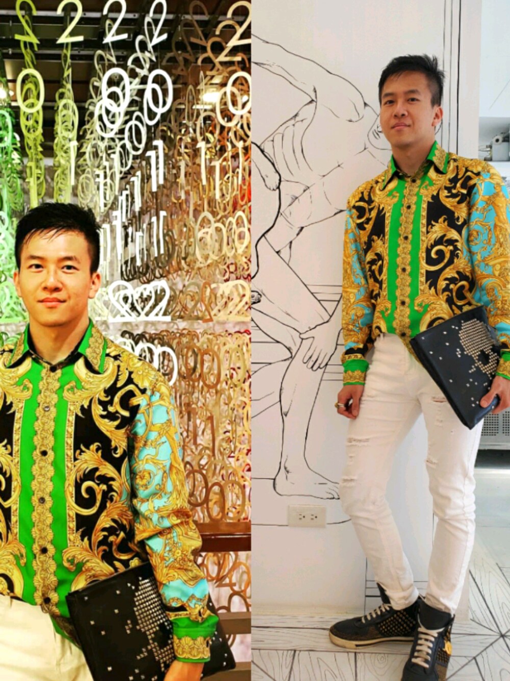 「VERSACEのアイテム（シャツ/ブラウス、グリーン系）」を使った、seanleeleeさん（メンズ・173cm）の春コーディネートの1枚目の写真