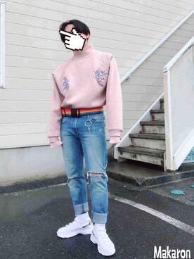 「Re:make（リメイク）のアイテム（スウェット）」を使った、커.(KAZUMA)さん（メンズ・160cm）の春コーディネート