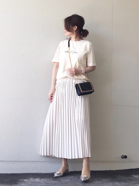 「Chaco closet（チャコ クローゼット）のアソートプリーツ Aラインウエストゴムロングスカート[チェック 小花柄 ダルメシアン コーデュロイ サテン シアー 無地]（スカート）」を使った、nakkoo555さん（レディース・157cm）の春コーディネート