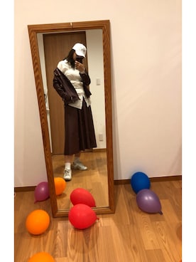 「ワインレッド」｜「アイテム（ライダースジャケット）」を使った、mikiさん（レディース・167cm）の冬コーディネート