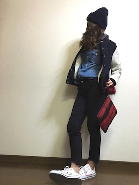 「デニムシャツ」｜「アイテム（スタジャン）」を使った、yumiさん（レディース・155cm）の冬コーディネート