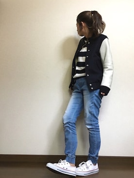 「大人ガーリー」｜「アイテム（スタジャン）」を使った、yumiさん（レディース・155cm）の春コーディネート