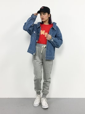 「スウエットパンツ」｜「アイテム（デニムジャケット）」を使った、NOZOMI🌹さん（レディース・158cm）の春コーディネート