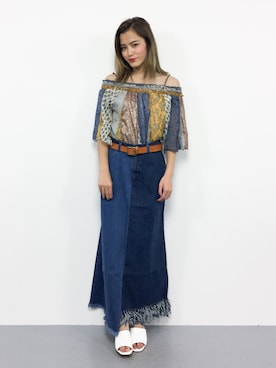 「Ungrid（アングリッド）のパッチワークシフォンオフショルブラウス（シャツ/ブラウス）」を使った、NOZOMI🌹さん（レディース・158cm）の夏コーディネート
