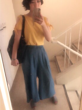 「frivoleのアイテム（タンクトップ、イエロー系）」を使った、Yuki さん（レディース・158cm）の夏コーディネート