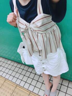 「earth music&ecology（アースミュージックアンドエコロジー）のアイテム（Tシャツ/カットソー、ブルー系）」を使った、Yuki さん（レディース・158cm）の夏コーディネート