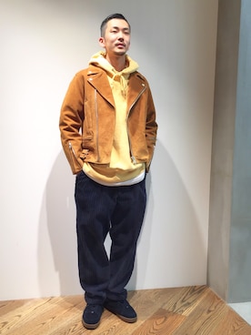 「UNUSED」｜「アイテム（ライダースジャケット）」を使った、Junji Horiiさん（メンズ・181cm）の冬コーディネート