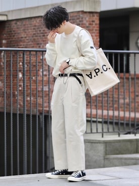 「MinoriTY（マイノリティ）の2タックテーパードワイドパンツ【MinoriTY × WEARISTA Mr.SZK（ミスタースズキ）コラボ】（スラックス）」を使った、Mr.SZKさん（メンズ・177cm）の春コーディネート