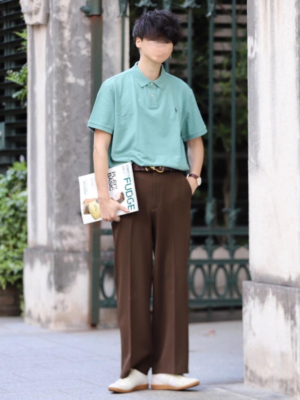 「Polo Ralph Lauren、ポロラルフローレン、ラルフローレン、Ralph Lauren、ポロシャツ、タックイン、シャツイン、ジャーマントレーナー、夏コーデ、アースカラー」｜「POLO RALPH LAURENのカスタム スリム フィット メッシュ ポロ シャツ（ポロシャツ、グリーン系）」を使った、Mr.SZKさん（メンズ・177cm）の春コーディネートの1枚目の写真