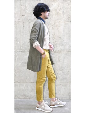 「アイテム（カーゴパンツ、イエロー系）」を使った、okakaさん（メンズ・165cm）の春コーディネート