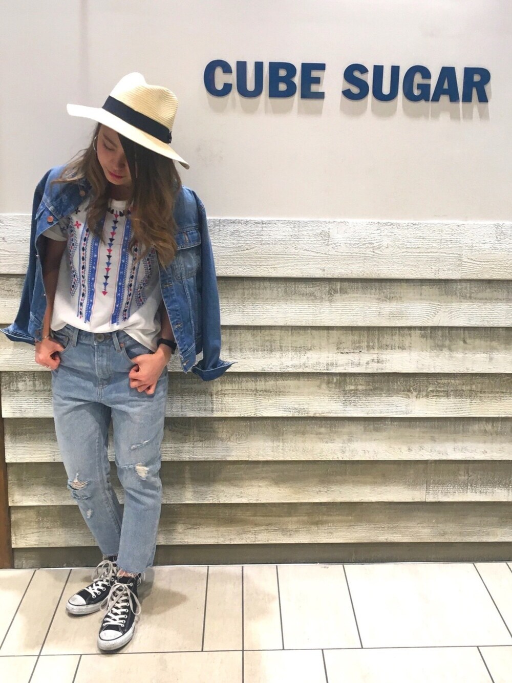「カジュアル、春コーデ、denim、デニムオンデニム、柄コーデ、CUBE SUGAR」｜「CUBE SUGARの10.5ozデニム Gジャン（デニムジャケット、ブルー系）」を使った、なつさん（レディース・162cm）の春コーディネートの1枚目の写真