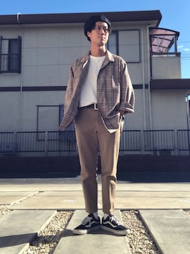 「アンクルパンツ」｜「アイテム（ハンチング/ベレー帽）」を使った、かたまりさん（メンズ・172cm）の秋コーディネート