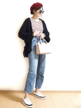 「ニットカーディガン」｜「アイテム（ノーカラージャケット）」を使った、Tiffee さん（レディース・173cm）の秋コーディネート