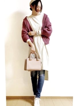 「ワンピース×スニーカー」｜「アイテム（ハンチング/ベレー帽）」を使った、Tiffee さん（レディース・173cm）の冬コーディネート