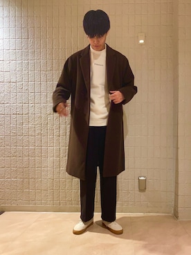 「JUNRED（ジュンレッド）のアイテム（チェスターコート）」を使った、takumaさん（メンズ・184cm）の秋コーディネート