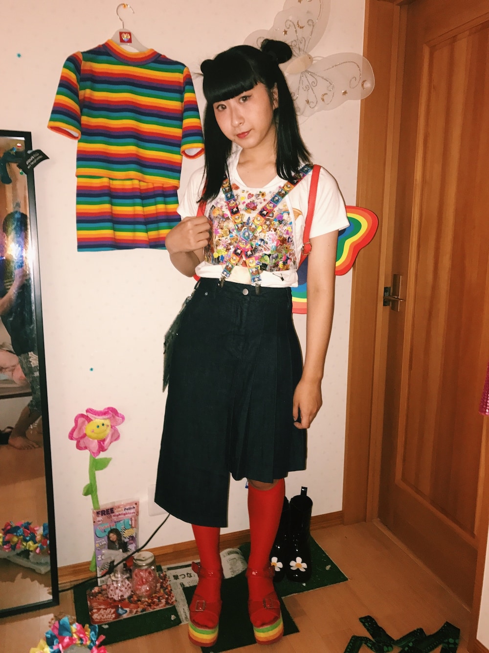 「セーラームーン、レインボー、カラフル、原宿、夏、Ootd #」｜「7%more pinkのアイテム（デニムスカート、ブラック系）」を使った、（＾Ｏ＾☆♪さん（レディース・161cm）の夏コーディネートの1枚目の写真