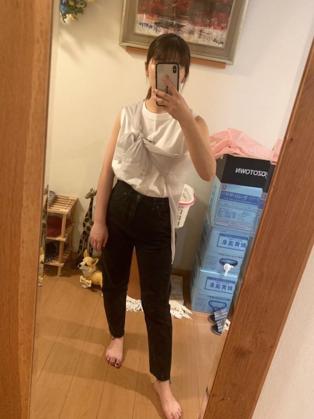 「シアーシャツ、大人カジュアル、夏コーデ、カジュアル、おしゃれさんと繋がりたい、大人コーデ、x-girl、トレンド、ラフ、たすき掛け」｜「GAPのハイライズ チーキー ストレートジーンズ（デニムパンツ、ブラック系）」を使った、Mさん（レディース・160cm）の夏コーディネートの1枚目の写真