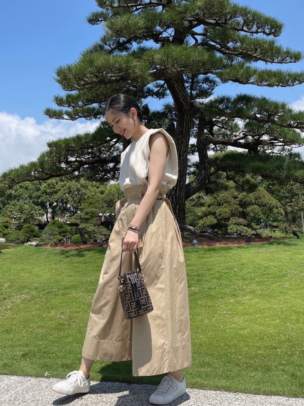 「CLANEの【CLANE(クラネ)】パワーショルダーサーマルトップス/POWER SHOULDER THERMAL TOP　10105-1142（Tシャツ/カットソー、ホワイト系）」を使った、Jasmine:)さん（レディース・158cm）の春コーディネートの1枚目の写真