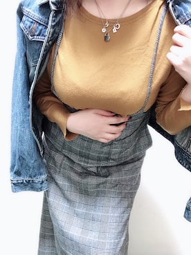 「グレンチェック」｜「アイテム（デニムジャケット）」を使った、emiさん（レディース・154cm）の秋コーディネート