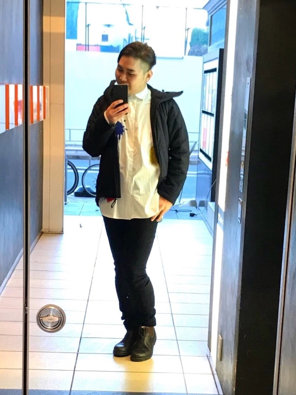 「EN ROUTEのand wander fleece jacket／ジャケット（ダウンジャケット/コート、ブラック系）」を使った、じゅんさん（メンズ・176cm）の冬コーディネートの1枚目の写真