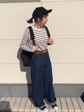 「ストレートデニム」｜「アイテム（スリッポン）」を使った、iBuKiさん（レディース・154cm）の冬コーディネート