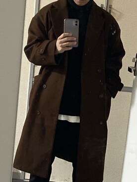 「CASPER JOHN（キャスパージョン）のCasper John　メルトンダブルチェスターコート（チェスターコート、ブラウン系）」を使った、ヒロさん（メンズ・163cm）の冬コーディネート