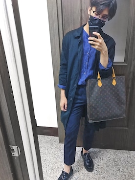 「no brand（ノーブランド）のアイテム（ピーコート）」を使った、武學鴻さん（メンズ・166cm）の秋コーディネート