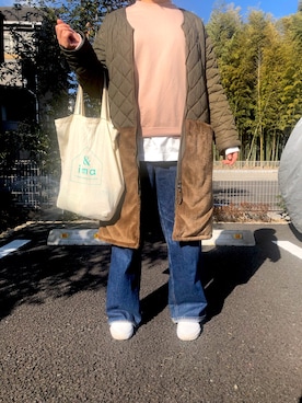 「Vincent et Mireille（バンソンエミレイユ）のアイテム（ノーカラーコート）」を使った、popoさん（レディース・159cm）の冬コーディネート