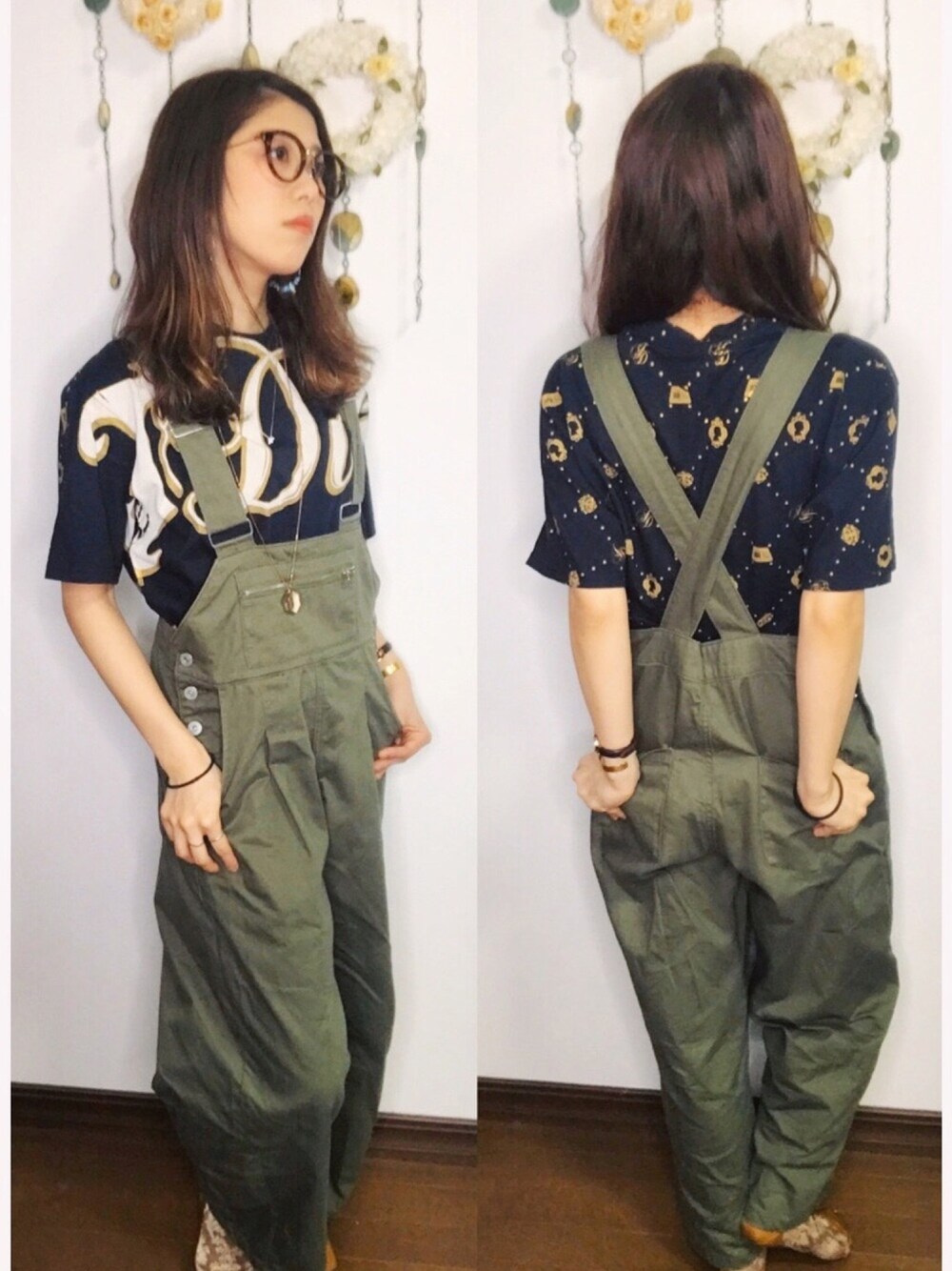 ブラック系のTシャツ/カットソー、グリーン系のオールインワン・サロペットを着用したレディースの夏コーディネートの1枚目の写真
