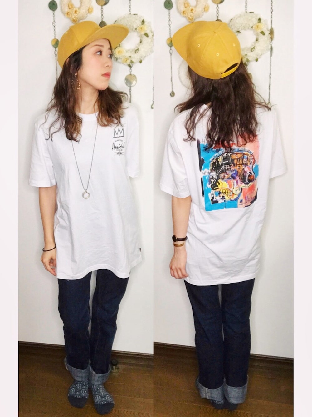 「Herschel、ボーイッシュ、basquiat、Calvin Klein、カジュアル、オトナカジュアル、夏コーデ、シンプル、低身長、おしゃれさんと繋がりたい」｜「Herschel SupplyのＡｕｓｔｉｎ（キャップ、イエロー系）」を使った、Yukiko Kajiさん（レディース・156cm）の夏コーディネートの1枚目の写真