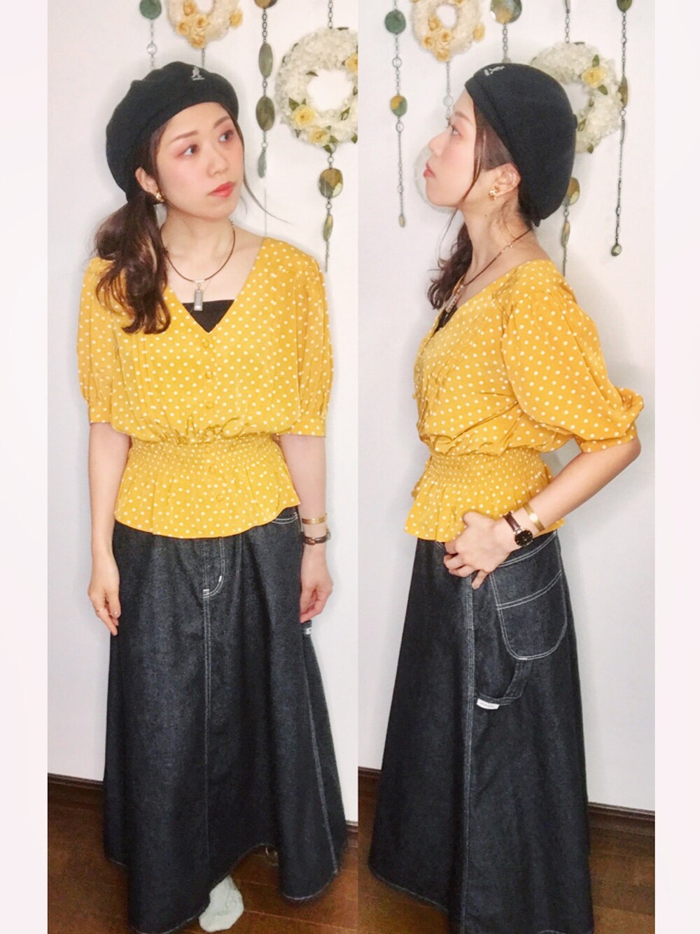 「KANGOL、ハンチング、ベレー帽、Another Edition、ne-net、Wrangler、カジュアル、オトナカジュアル、夏コーデ、おしゃれさんと繋がりたい」｜「KANGOLのアイテム（ハンチング/ベレー帽、ブラック系）」を使った、Yukiko Kajiさん（レディース・156cm）の夏コーディネートの1枚目の写真